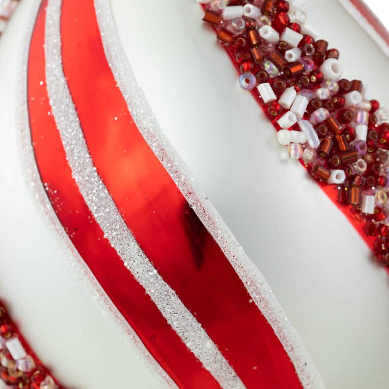 Set of 2 White and Red Glitter and Beads Striped Finial Glass Christmas Ornaments 5.5"
