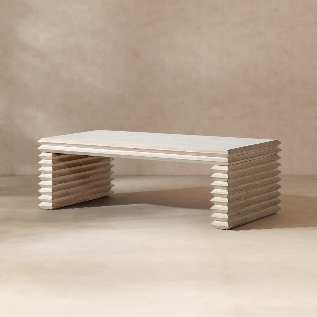 Jennifer Taylor Home Veda 55" Reclaimed Wood Stacked Geometric Waterfall Coffee Table, Whitewashed Natural Reclaimed Pine Wood