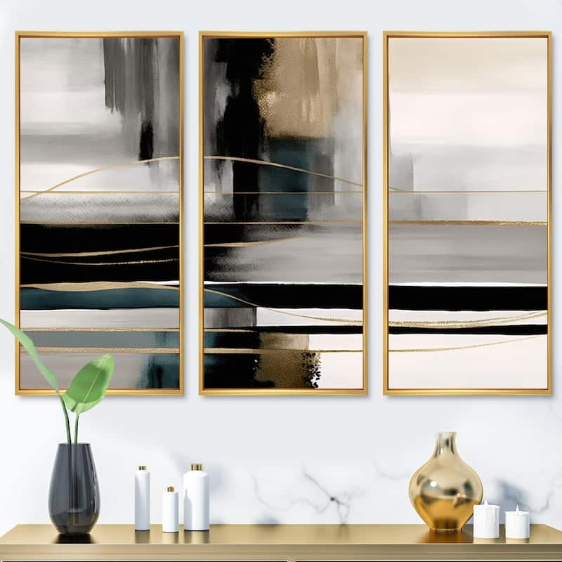 Designart "Abstract Geode Geometric Black And Gold III" Modern Geometric Framed Canvas Art Print - 3 Panels
