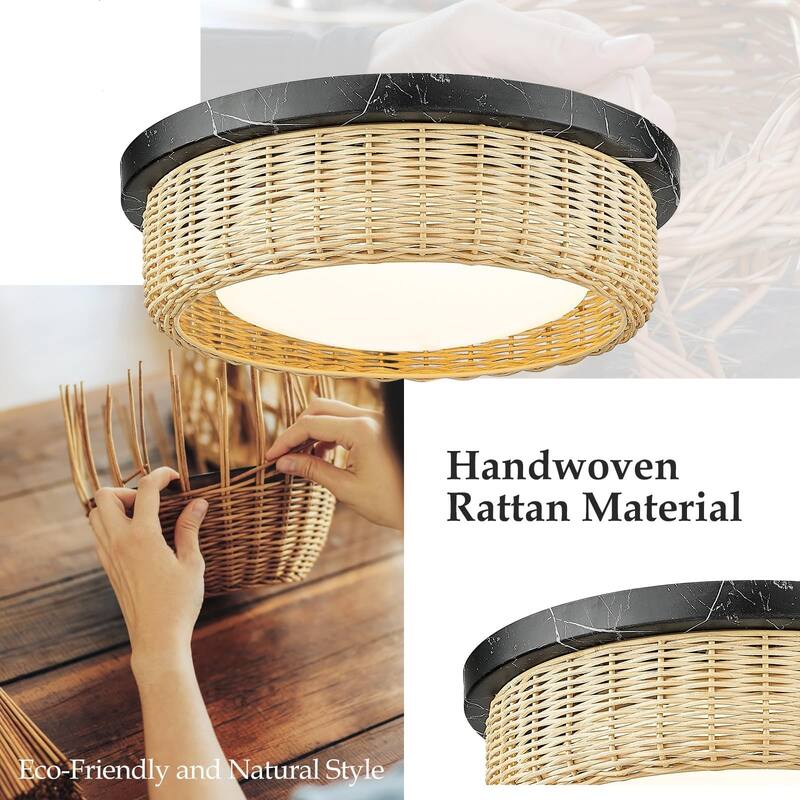 12.6 /15 Inch Rattan Dimmable LED Ceiling Light, Painted Wood