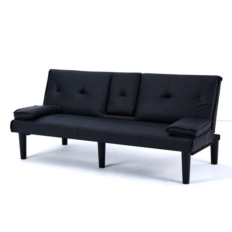 The 67-inch black PVC multi-functional sofa bed with a foldable and cup holder design