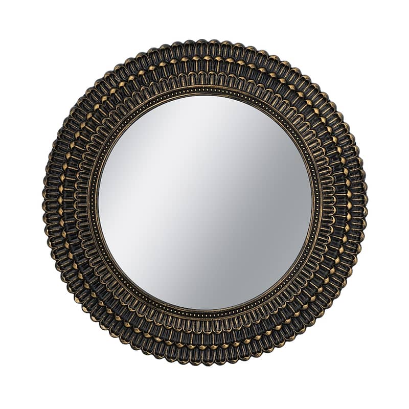 D26.5" Round Black And Gold Wooden Accent Mirror With Woven Texture