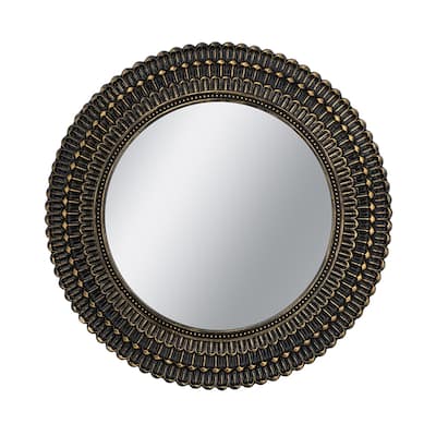 D26.5" Round Black And Gold Wooden Accent Mirror With Woven Texture