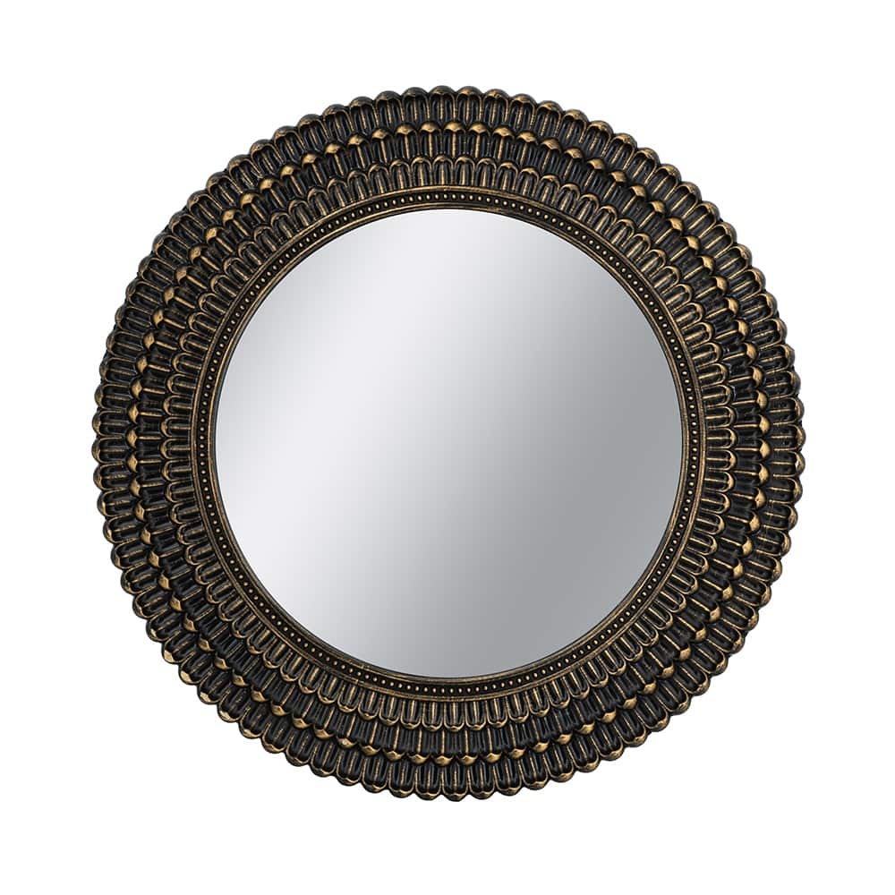 D26.5" Round Black And Gold Wooden Accent Mirror With Woven Texture
