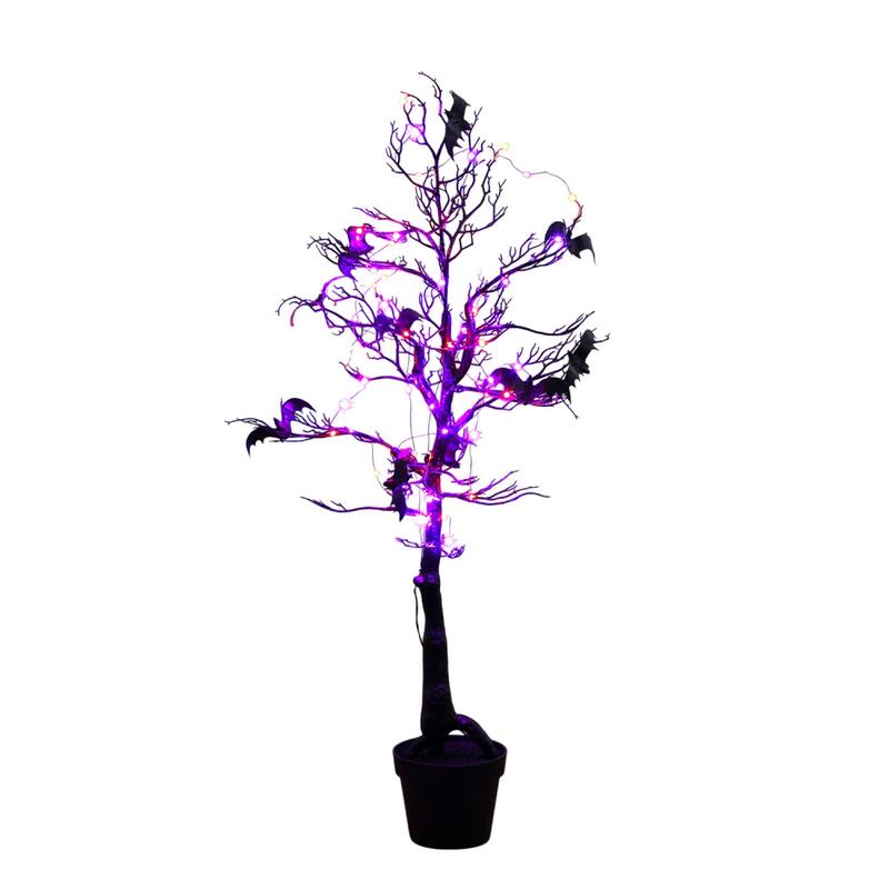 Pre-Lit Bats Artificial Halloween Twig Tree with Bats - 4' - Orange and Purple LED Lights