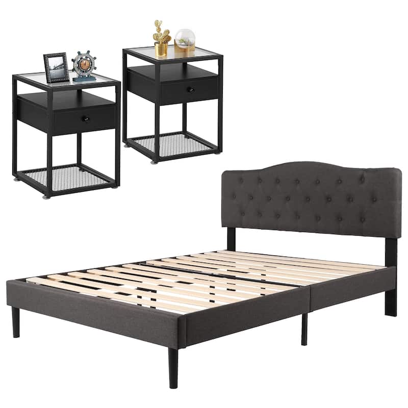 Taomika 3-pieces Height Adjustable Upholstered Bed and Modern Tempered Glass Nightstands Set