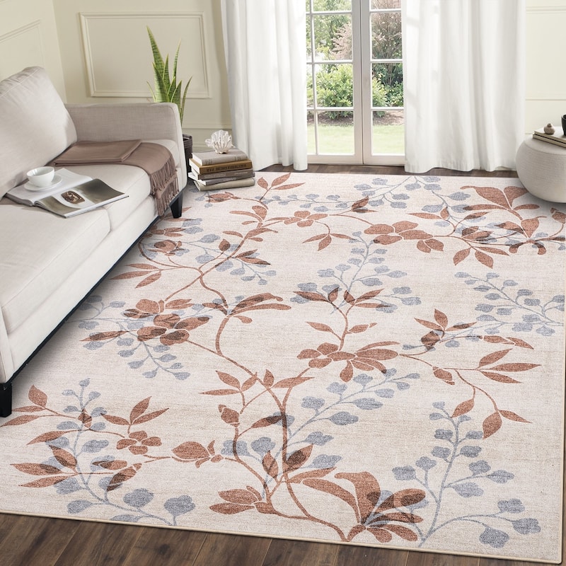 Modern Leaves Pattern Area Rug Botanical Print Washable Rugs for Living Room Bedroom Non-Slip Low Pile Floor Carpet - 5'x7' - Beige