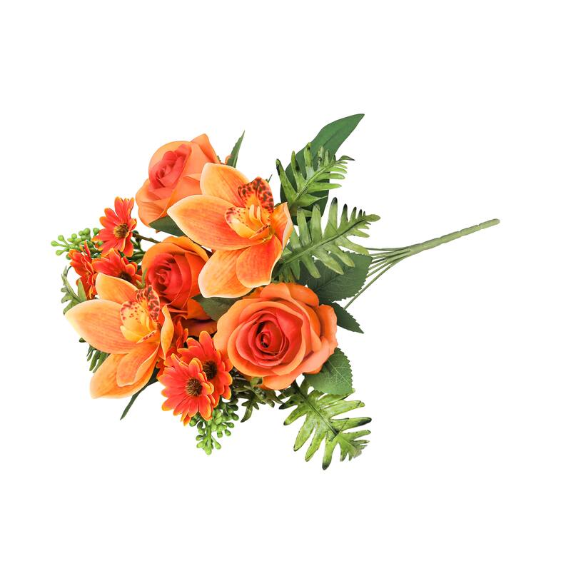 Set of 2 Orange Artificial Mixed Rose Cymbidium Orchid Daisy Flower Stem Bush Bouquet 16in - 16" L x 9" W x 9" DP