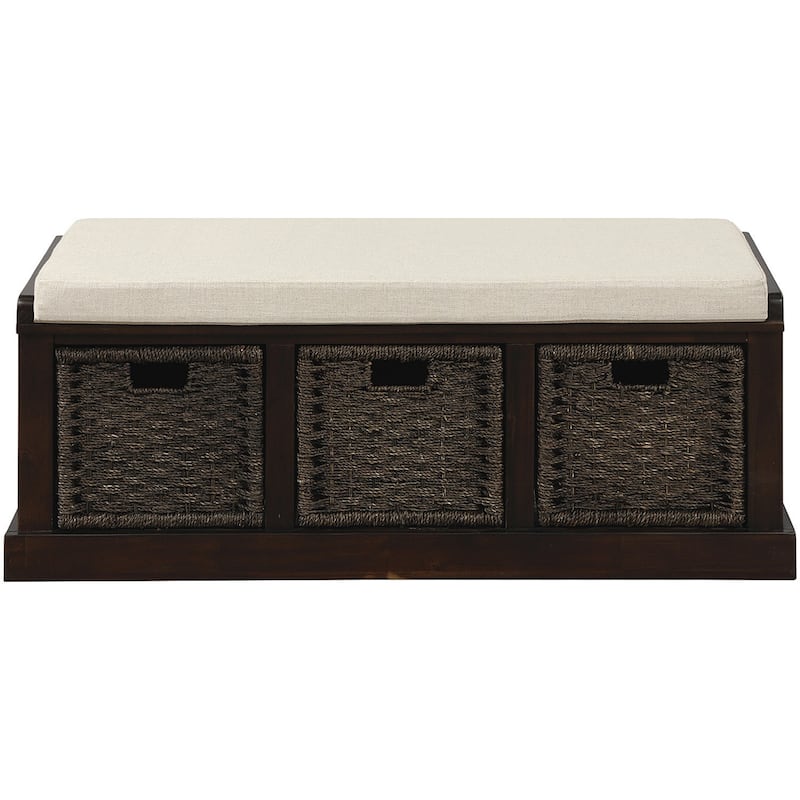 Rustic Storage Bench with 3 Removable Rattan Baskets and Cushion, Entryway Bench with MDF Frame, No Assembly Required