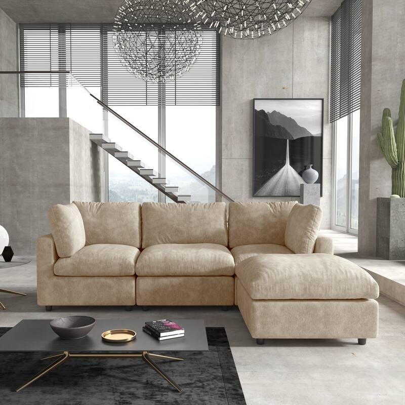 Modern L-shaped Sectional Sofa for Living Room,Chenille Modular Couch, Removable Cover, Spring Cushions, Solid Wood Frame - Khaki