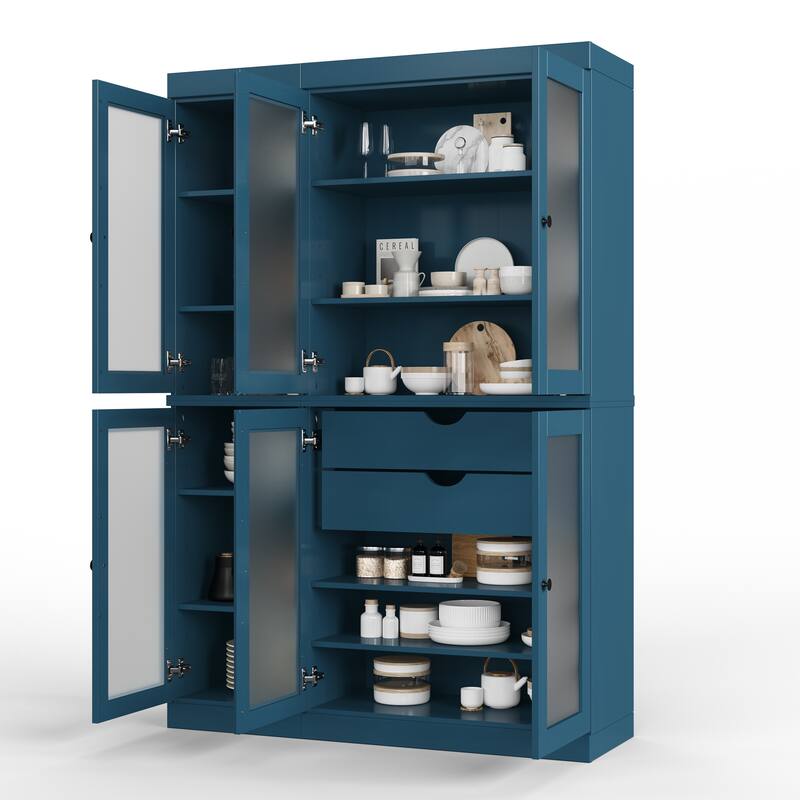 100% Solid Wood 48.5" Pantry Cabinet with Frosted Glass Doors and 2-Drawers