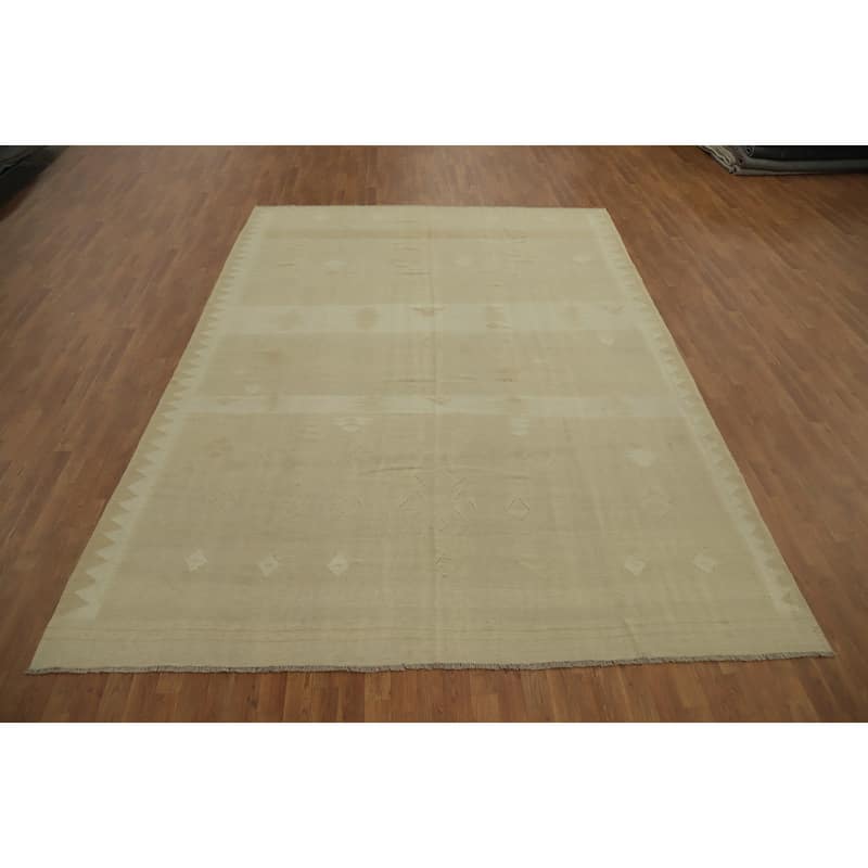 Hand Woven Oriental 100% Wool Carpet Southwestern Tribal Beige & Ivories Kilim Area Rug - 12' 0'' X 8' 9''