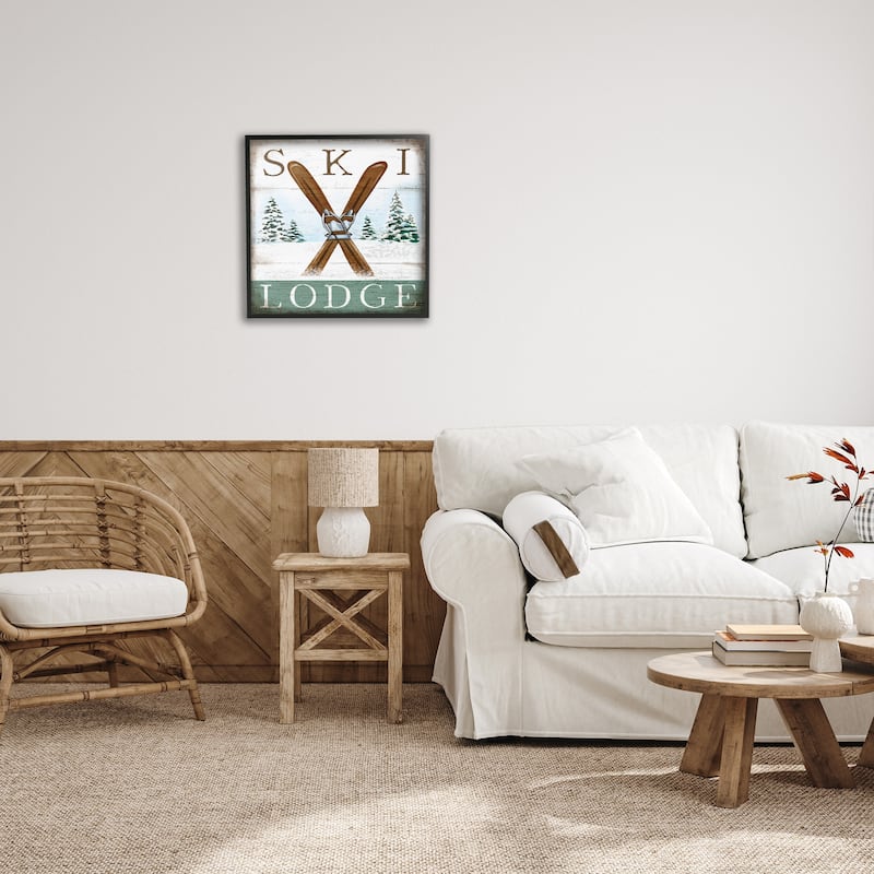 Stupell Ski Lodge Rustic Cabin Sign Snowy Tree Forest Framed Wall Art