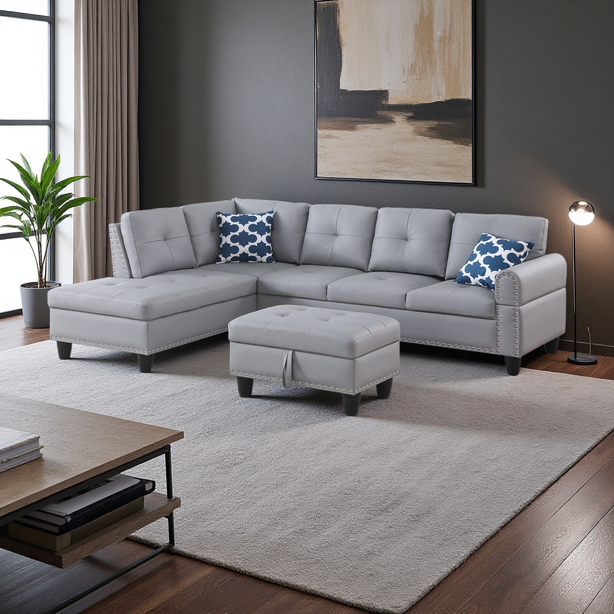 98" Faux Leather L-Shaped 3-Seat Sectional Sofa with Ottoman, Cup Holder and Storage