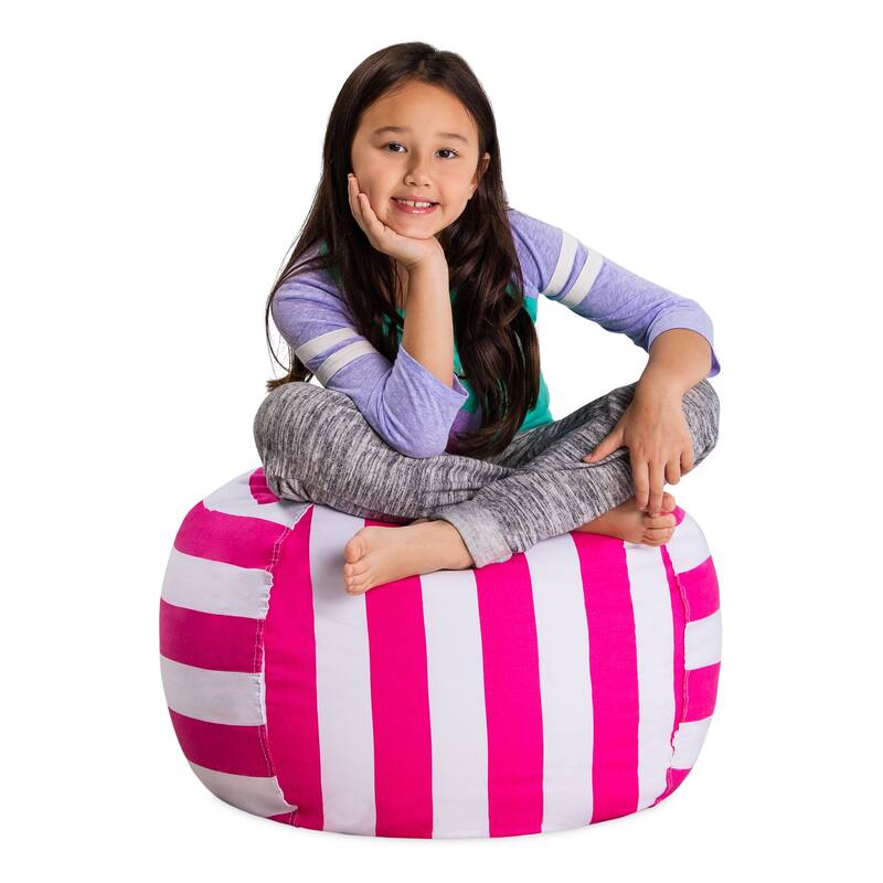 Kids' Stuffed Animal Storage Bean Bag Chair Cover or Toy Organizer - 27 Inches Medium - Canvas Stripes Pink and White