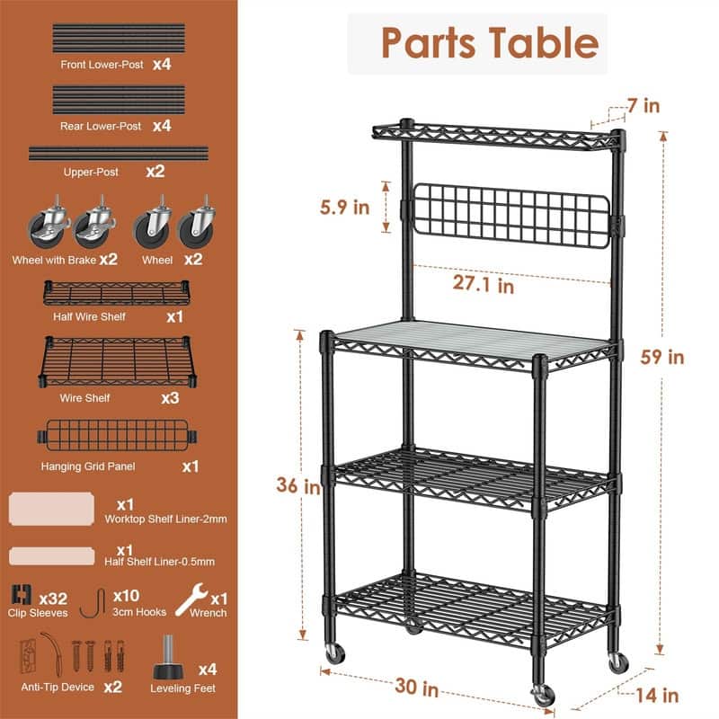 Bakers Rack for Kitchen with Storage - 14"D x 30"W x 59"H