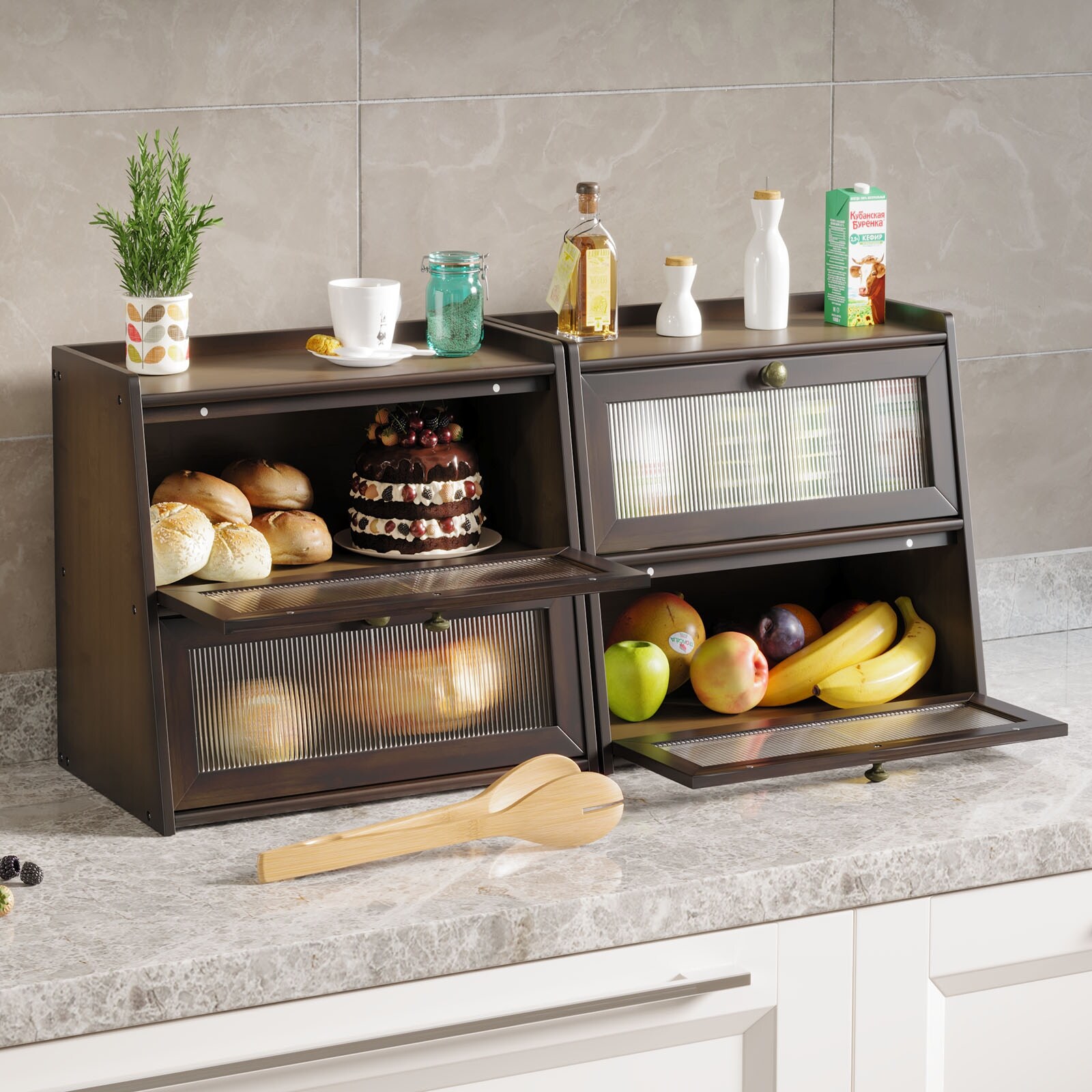 2-Layer Wooden Bread Box, Large Capacity Bread Storage