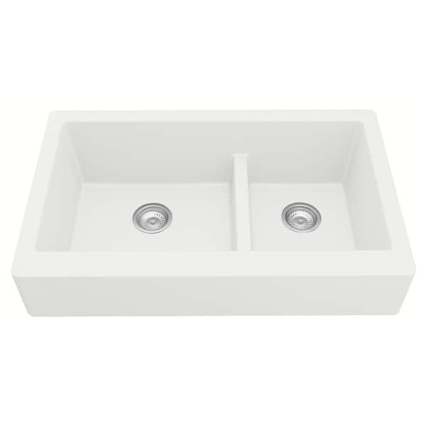slide 52 of 58, Karran Retrofit Apron-Front Quartz Double Bowl Kitchen Sink White