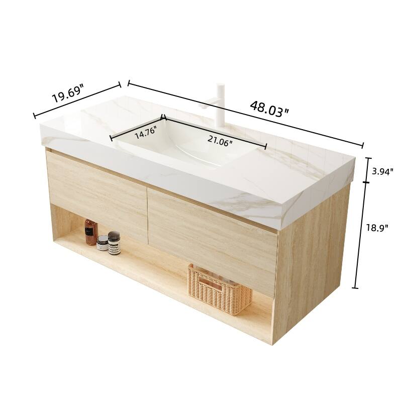 Floating Bathroom Vanity Cabinet with Ceramic Sink & Auto-Sensing LED Light, 30"/48" Sintered Stone Top Bathroom Vanity