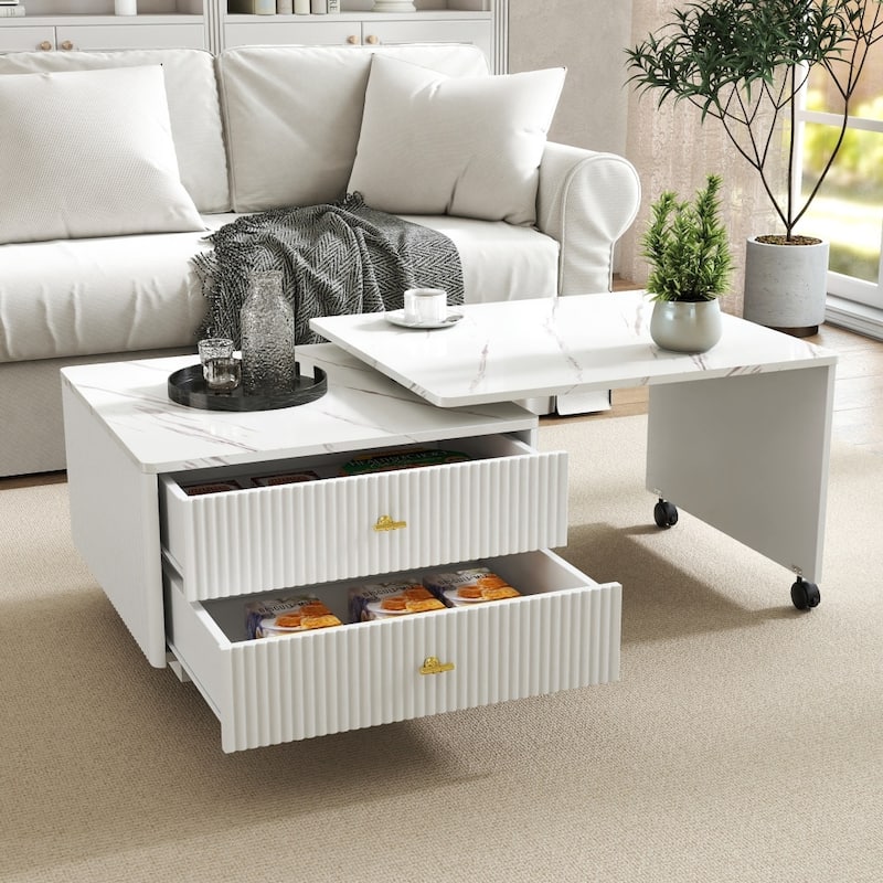 47.24" White Wooden Extendable Coffee Table with 2 Drawers and 6 Wheels