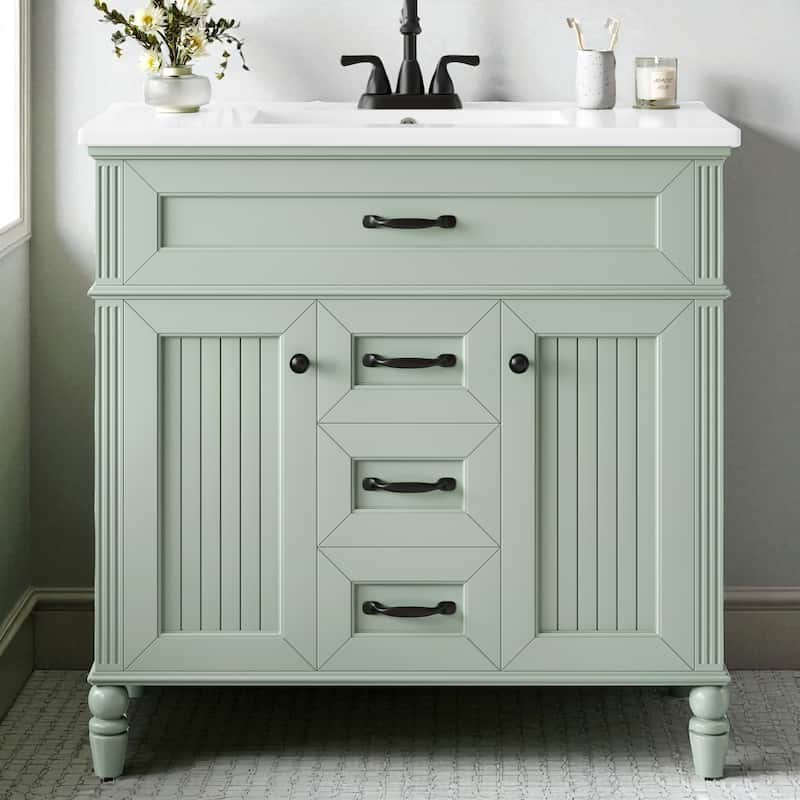 Modern 36 Inch Bathroom Vanity with Ceramic Sink, Solid Wood Frame, Golden Handles, Flip-Out Top Drawer & Storage Cabinet - Green
