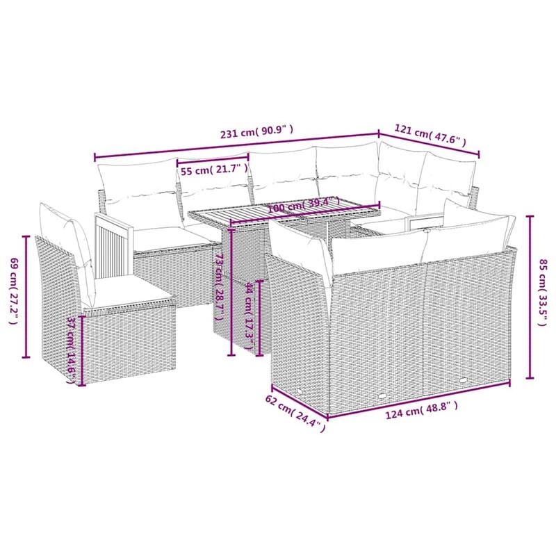vidaXL Patio Sofa Set with Cushions Outdoor Furniture 9 Piece Poly Rattan