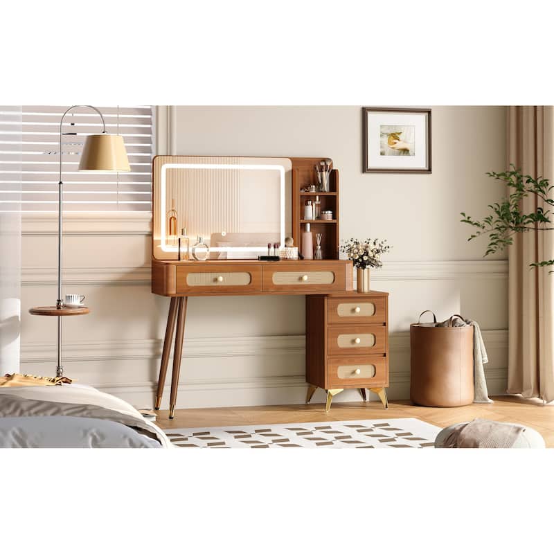 47"Makeup Vanity with Mirror and Lights, Vanity Desk with 5 Drawers and Storage Shelf, 3 Color Modes and Adjustable Brightness