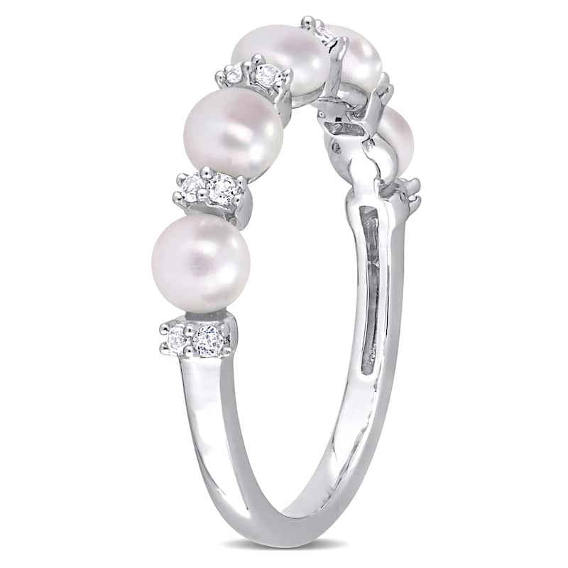 Miadora Sterling Silver Freshwater Cultured Pearl & White Topaz 5-Stone Semi-Eternity Ring (3.5-4mm)