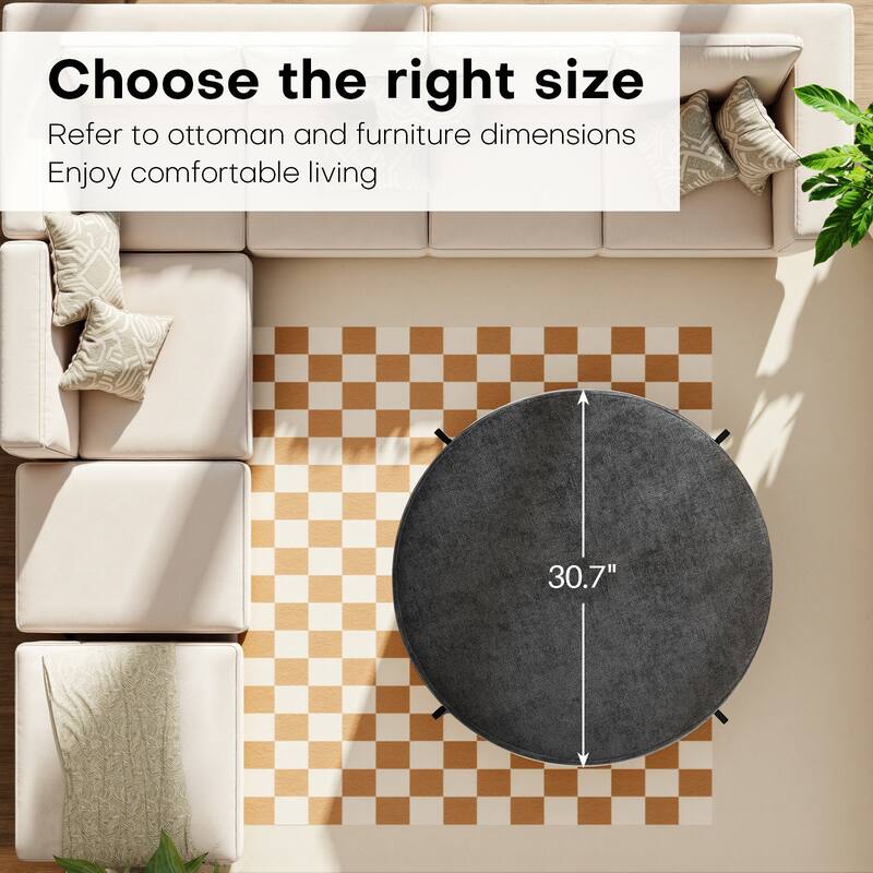 Chenille Fabric Round Ottoman, Coffee Table Bench with Metal Legs