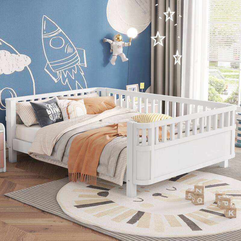 Wood Platform Bed with Rails for Girls and Boys