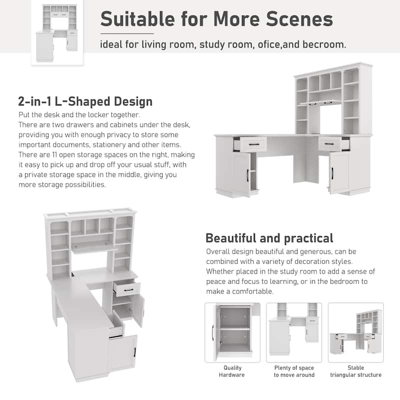 L-Shaped Computer Desk with 2 Cabinets and 2 Drawers,11 Open Shelves,with Electrical Outlet,for Study,Living Room and Office