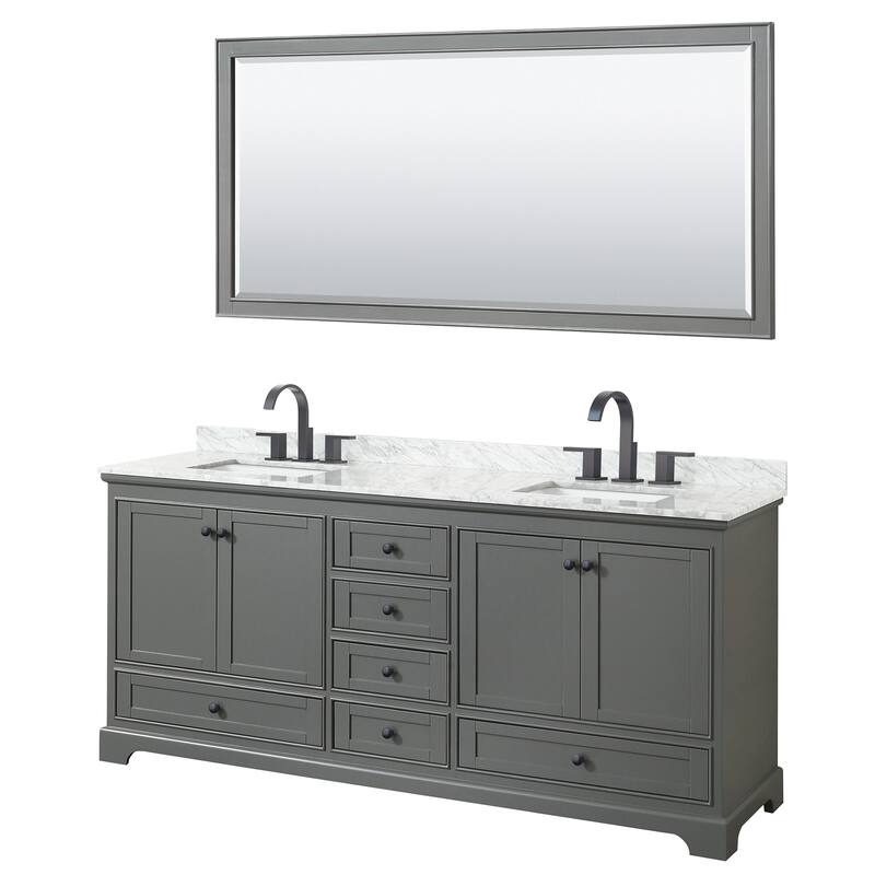 Deborah 80-inch Dark Gray Double Vanity, Square Sinks, 70-inch Mirror - Dark Gray, Black Trim, White Carrara Marble Top