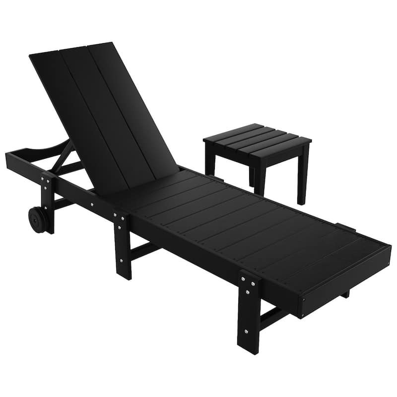 Polytrends Shoreside Modern Poly Eco-Friendly All Weather Reclining Chaise Lounge With Wheels and Side Table (2-Piece Set)