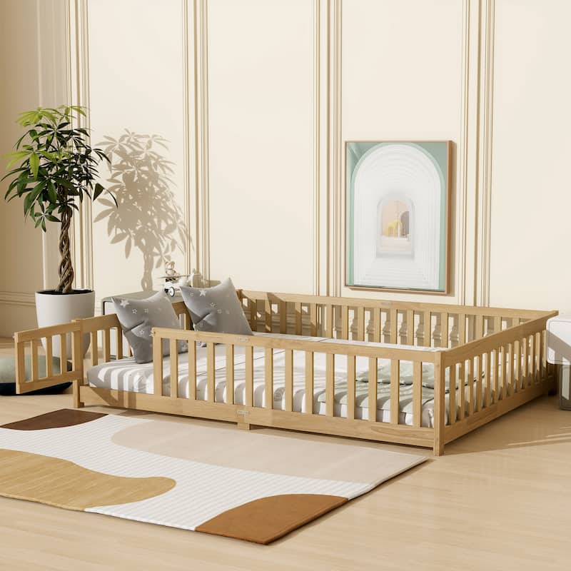 Grey Queen Size Wooden Floor Bed with Fence, Door, Rubber Safety Guardrails
