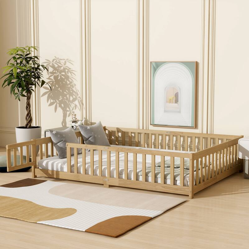 Queen Size Floor Bed with Door and Safety Guardrails - Natural