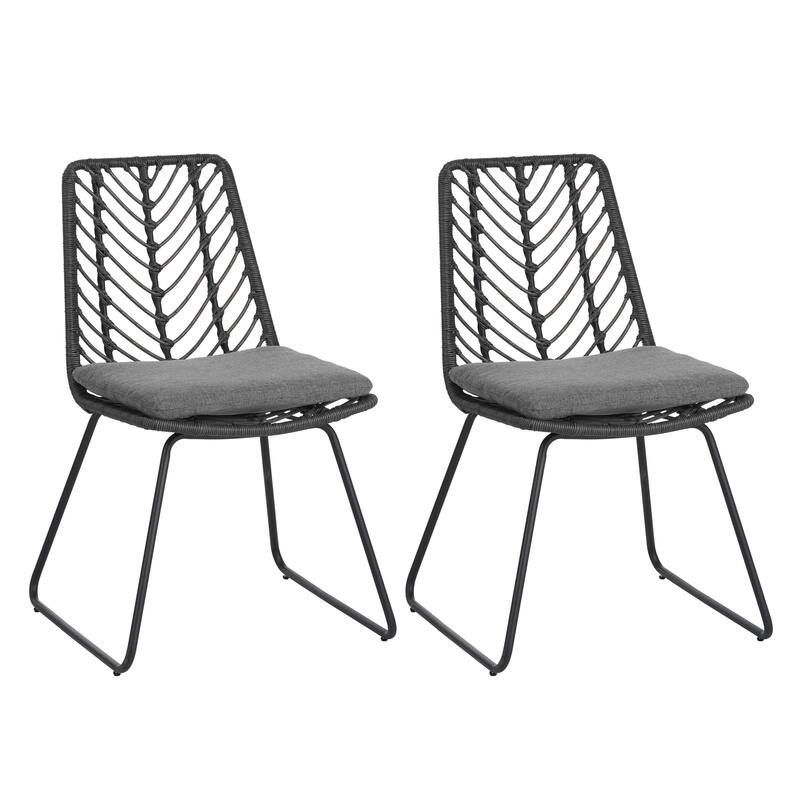 Roomfitters Deja Set of 2 Outdoor Wicker Dining Chairs with Water-Resistant Cushions, Transitional Rattan and Iron Frame, Gray