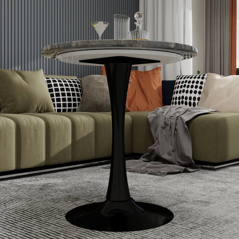27.6" Mid-Century Modern Style Dining Table, Accommodates 2-4 People, Featuring A Round Dark Gray Textured Marble Tabletop