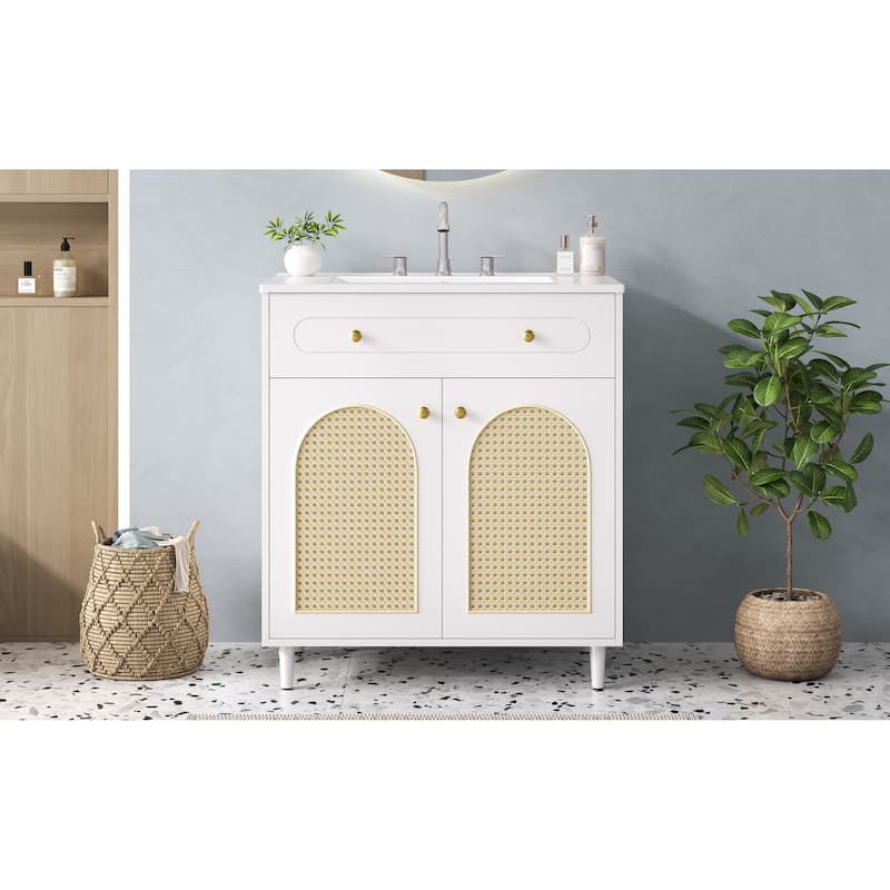 30" Bathroom Vanity with Ceramic Sink, Solid Wood Frame Bathroom Sink Cabinet with Adjustable Shelf, Tip-Drawer