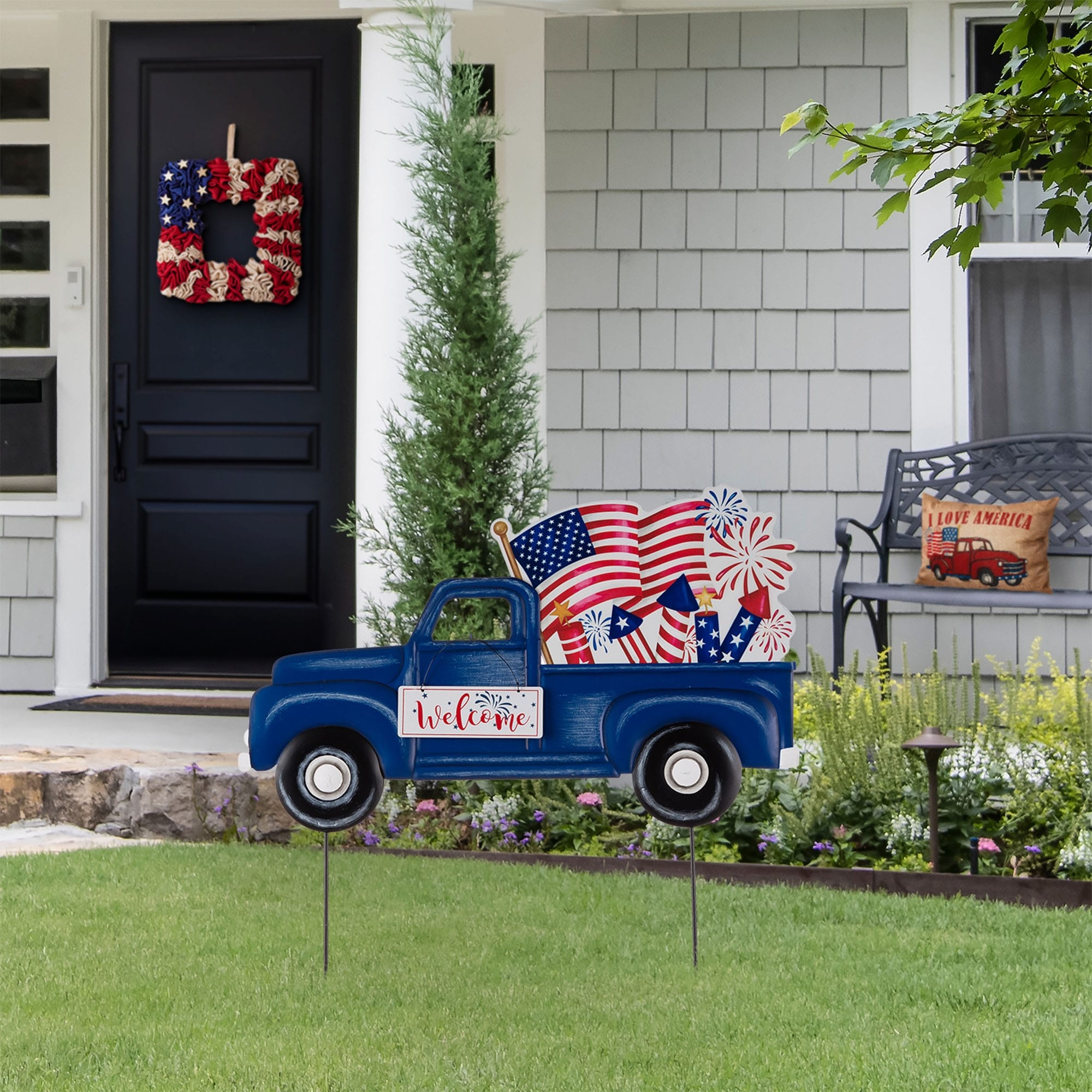 Glitzhome Metal 4th of July Truck Garden Yard Stake or Wall Decor