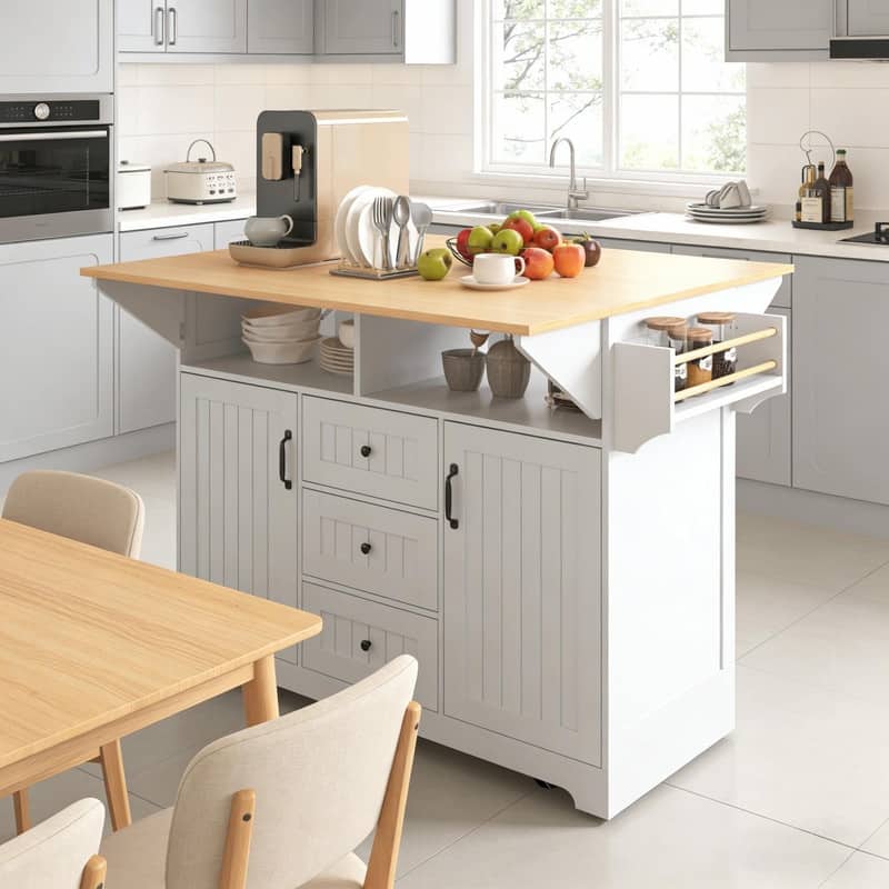 55.7" Rolling Kitchen Island with Double Drop Leaf, Power Outlet, 3 Drawers, Spice & Towel Rack, Folding Dining Table Cart