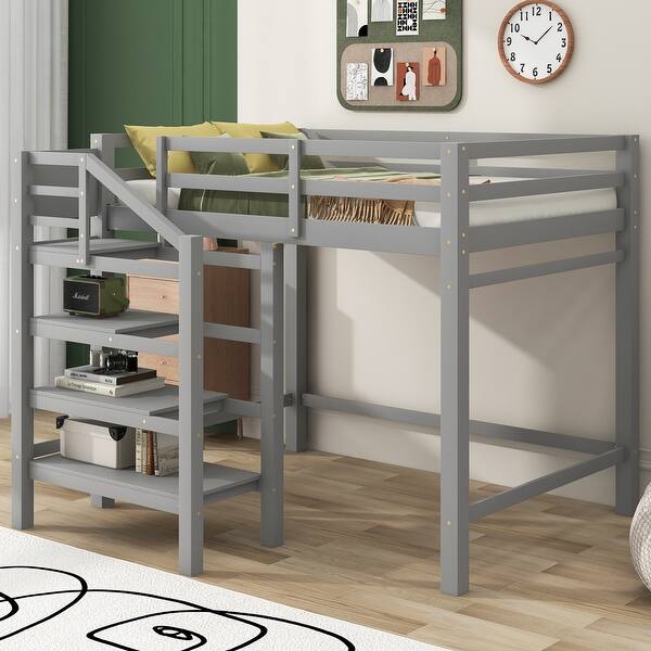 slide 2 of 16, Modern Design Wood Loft Bed with Maximized space, Sturdy Frame, Staircase and Hanger for Clothes, Grey