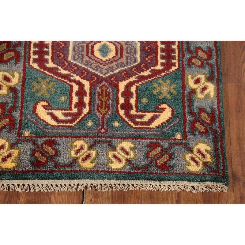 Green Geometric Kazak Runner Rug Hand-Knotted Wool Carpet - 2'5"x 9'8"