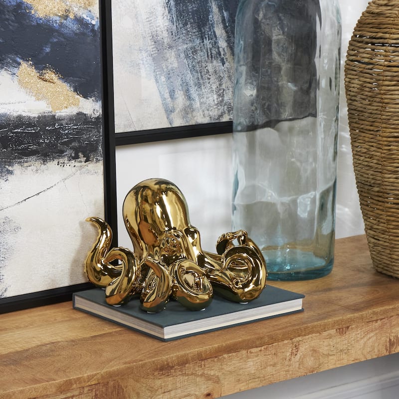 Gold Ceramic Octopus Decorative Sculpture with Textured Tentacles