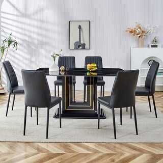 Pyn 7pc Dining Table and Chair Set, Black Wood, Beige Faux Leather main image 1