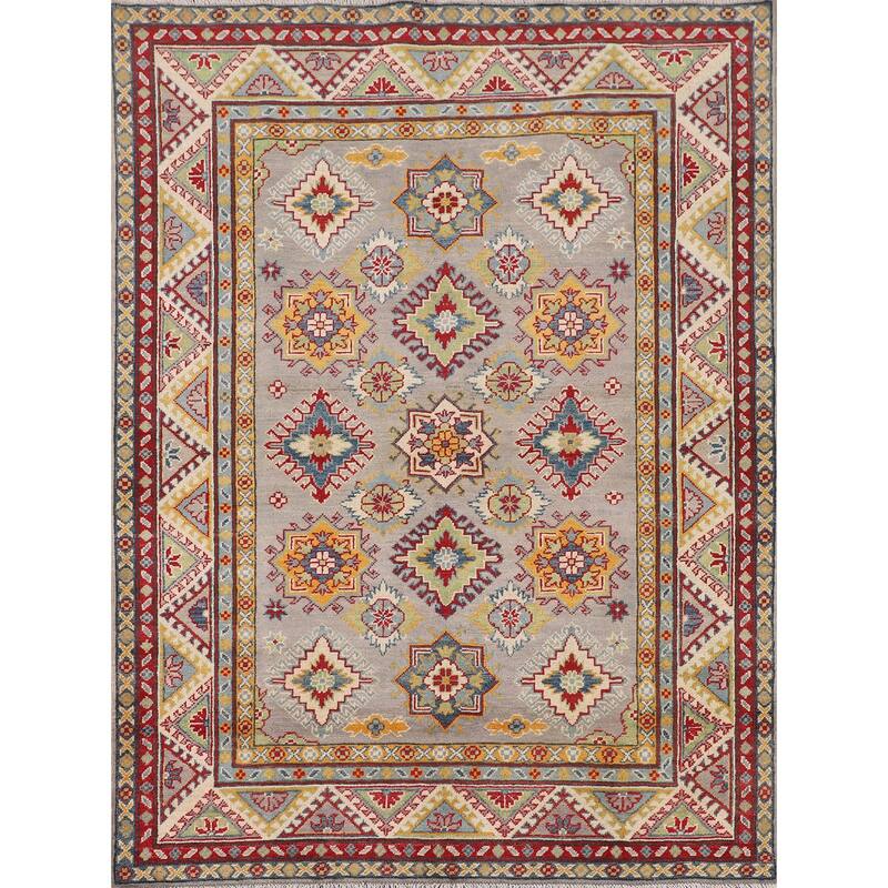 Grey Geometric Kazak Oriental Area Rug Hand-Knotted Wool Carpet - 5'1" x 6'7"