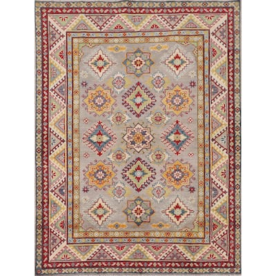 Grey Geometric Kazak Oriental Area Rug Hand-Knotted Wool Carpet - 5'1" x 6'7"