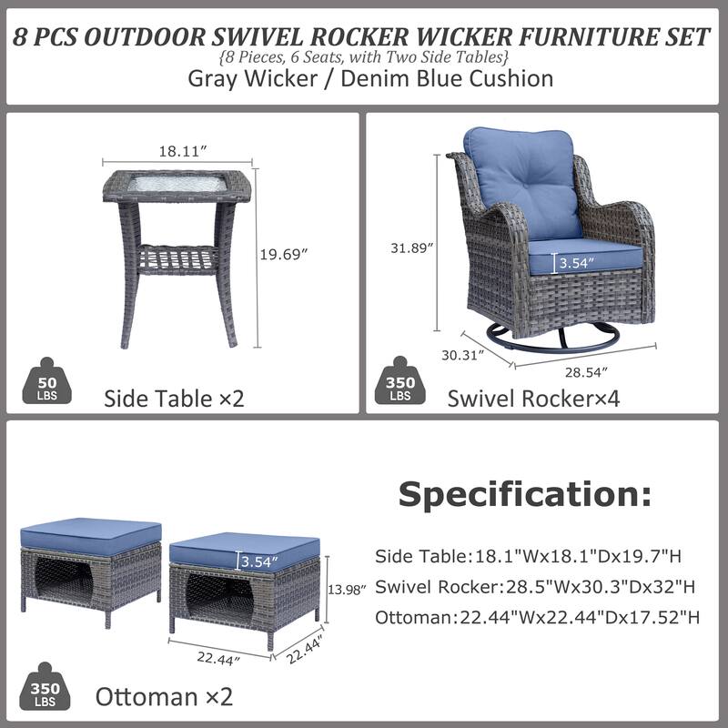 Gray Rattan Outdoor Patio Conversation Sets with Swivel Rocker Chairs
