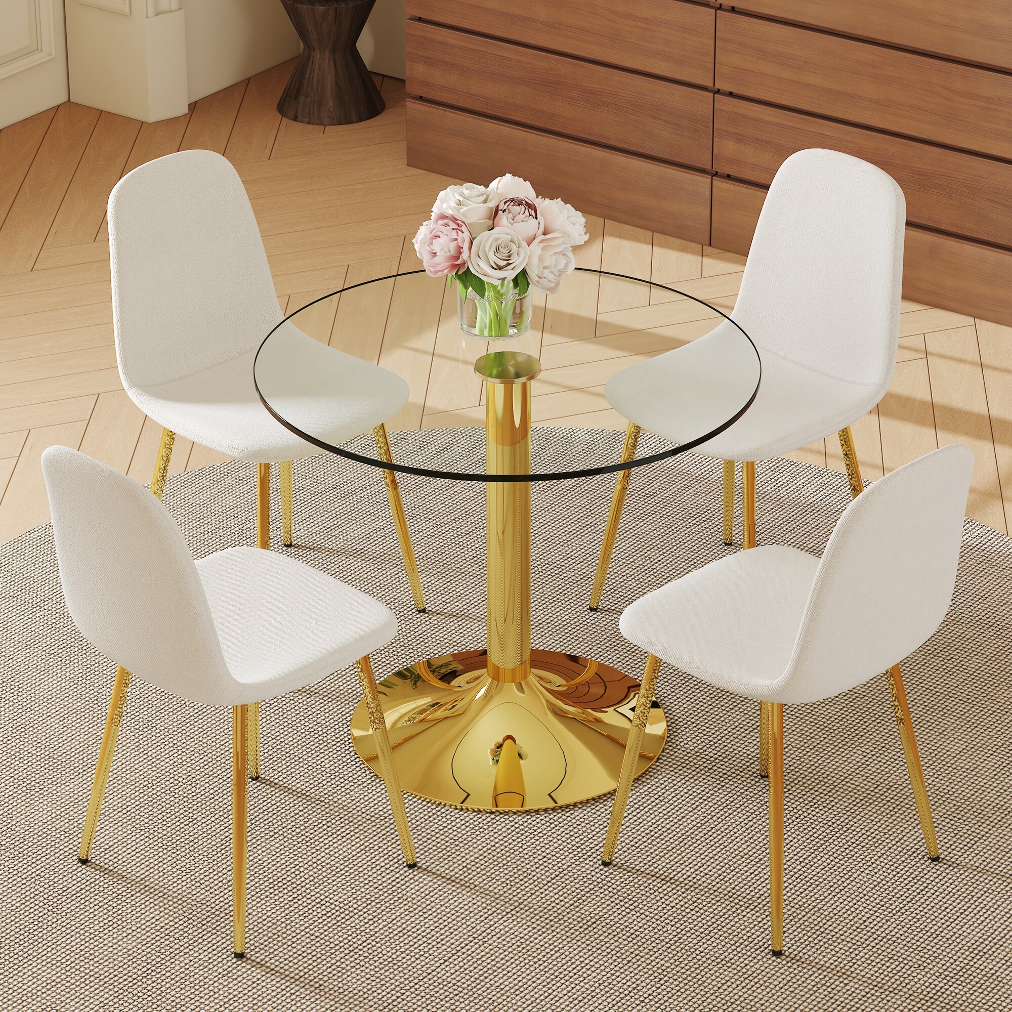 5-Piece Round Dining Table Set, 35 Inch Tempered Glass Top with Metal Base & 4 High-Resilience Fabric Chairs
