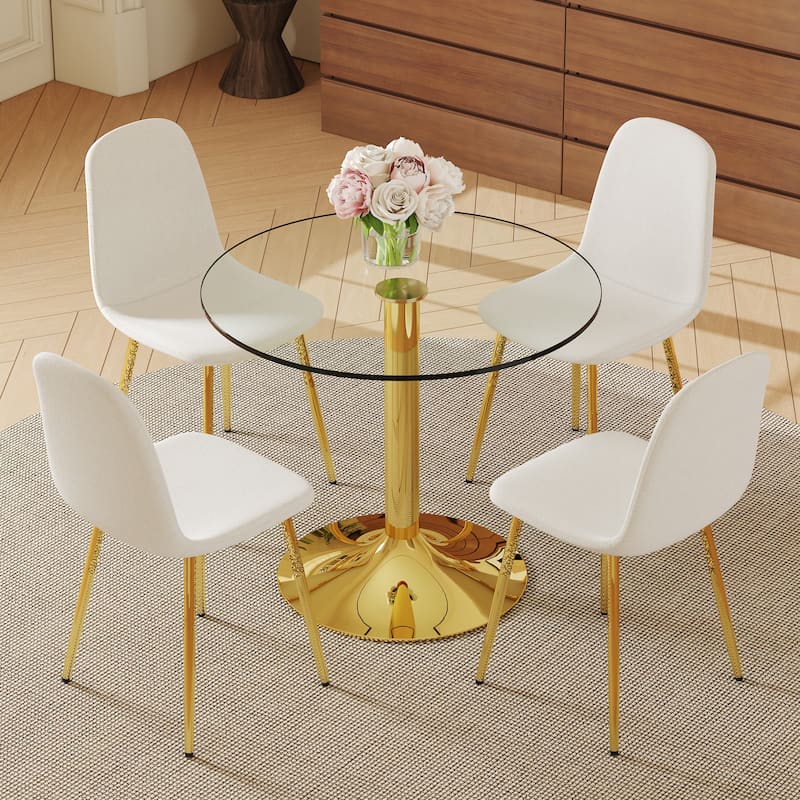 5-Piece Round Dining Table Set, 35 Inch Tempered Glass Top with Metal Base & 4 High-Resilience Fabric Chairs - Transparent,White+Gold