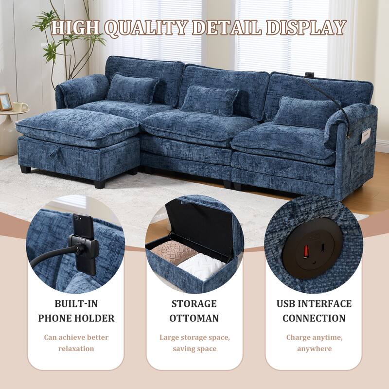 GALDWIN Chenille Upholstered L-shaped Modular Sectional Sleeper Sofa with Movable Storage Ottoman,USB&Type-C